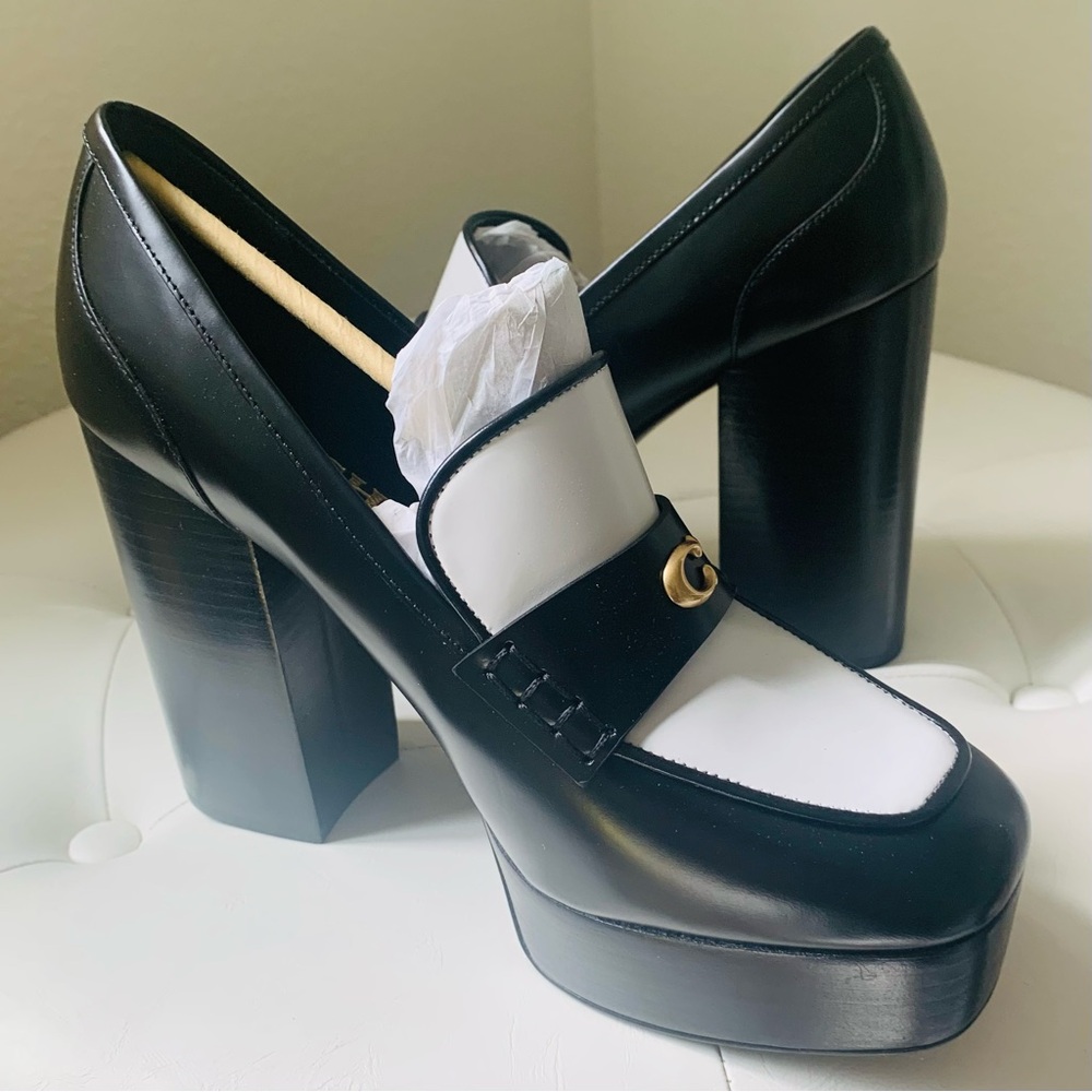 NWT Coach Ilyse Leather Platform Loafers in Black/ Optic White